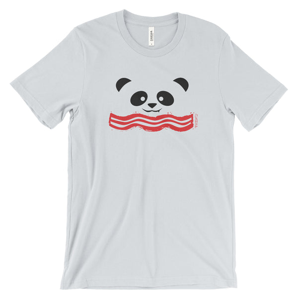 Bacon Panda Unisex T-shirt designed by P.M.B.Q. Studios, a simple panda face in black ink and a piece of stylized bacon underneath in printed in red ink