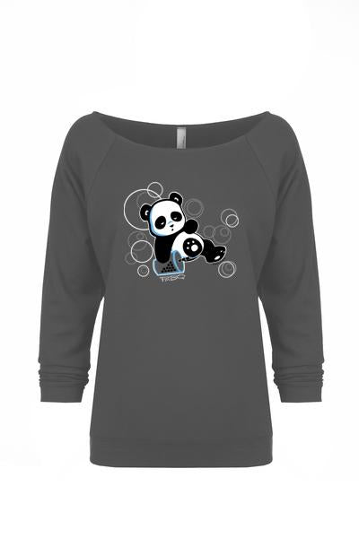 Sleepy Boba Panda, a character created and owned by P.M.B.Q. Studios, relaxes in a boba coma on a background of bubbles on this design. The design is printed in white ink on a grey raw edge 3/4 sleeve raglan women's french terry fleece t-shirt.