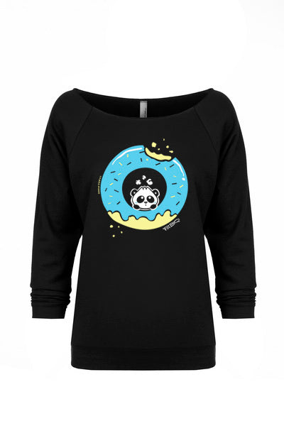 Pandabun, a character created and owned by P.M.B.Q. Studios, sitting in an a deliciously iced donut. He's looking up nervously at the bite in the donut on the upper right. This design is printed in white, light blue and lemon yellow on a women's black rag
