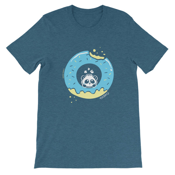 Pandabun, a character created and owned by P.M.B.Q. Studios, sitting in an a deliciously iced donut. He's looking up nervously at the bite in the donut on the upper right. This design is printed in white, light blue and lemon yellow on a heather deep teal