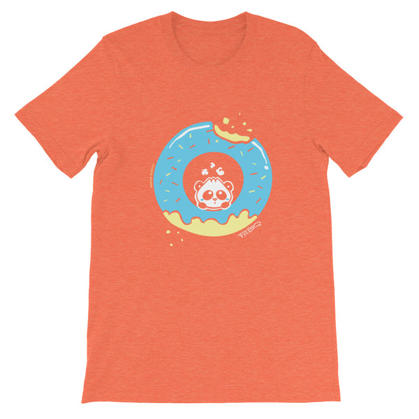 Pandabun, a character created and owned by P.M.B.Q. Studios, sitting in an a deliciously iced donut. He's looking up nervously at the bite in the donut on the upper right. This design is printed in white, light blue and lemon yellow on a heather orange un