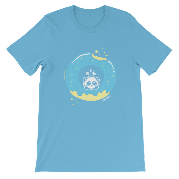 Pandabun, a character created and owned by P.M.B.Q. Studios, sitting in an a deliciously iced donut. He's looking up nervously at the bite in the donut on the upper right. This design is printed in white, light blue and lemon yellow on an ocean blue unise