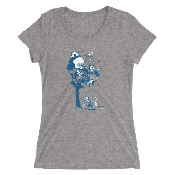 This design depics a group of characters designed and owned by P.M.B.Q. Studios, relaxing in a tree.  The design is printed in white and blue ink on a grey triblend women's t-shirt.