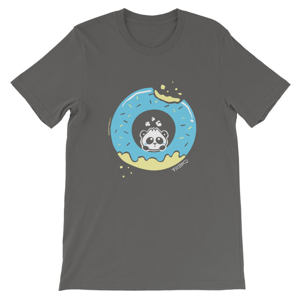 Pandabun, a character created and owned by P.M.B.Q. Studios, sitting in an a deliciously iced donut. He's looking up nervously at the bite in the donut on the upper right. This design is printed in white, light blue and lemon yellow on an asphalt unisex t