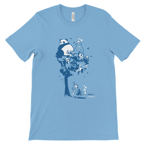 This design depics a group of characters designed and owned by P.M.B.Q. Studios, relaxing in a tree.  The design is printed in white and blue ink on an ocean blue unisex t-shirt.