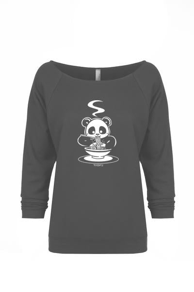 Ramen Panda, a character created and owned by P.M.B.Q. Studios, sits and thoroughly enjoys slurping his ramen on this design. The design is printed in white ink on a grey raw edge 3/4 sleeve raglan women's french terry fleece t-shirt.