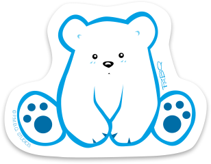 Polo the cute polar bear cub, a character designed by P.M.B.Q. Studios. Polo is a white bear with small cute black eyes and nose and a serious expression on his face. The outline of his character is an aqua blue and his paw prints are dark blue. This imag