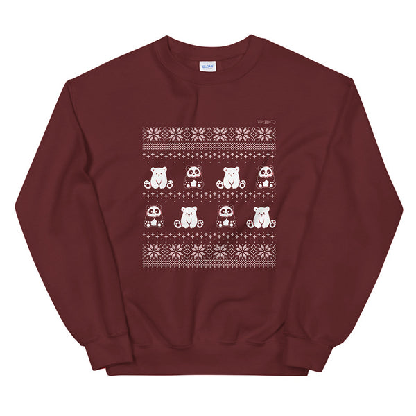 Winter Holiday Sweater design by P.M.B.Q. Studios. This design simulates a wintry knit pattern and features the Polo Cub character and his adorable panda friend. The design is white printed on a unisex maroon crewneck sweatshirt.