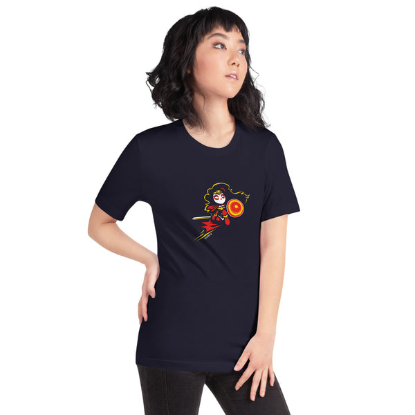 Wonderous Panda, a heroic raven-haired panda drawn by P.M.B.Q. Studios, kneels with her sword and shield ready for battle. This design is printed in white, red and yellow ink on a navy unisex t-shirt. The t-shirt is worn by a female model.