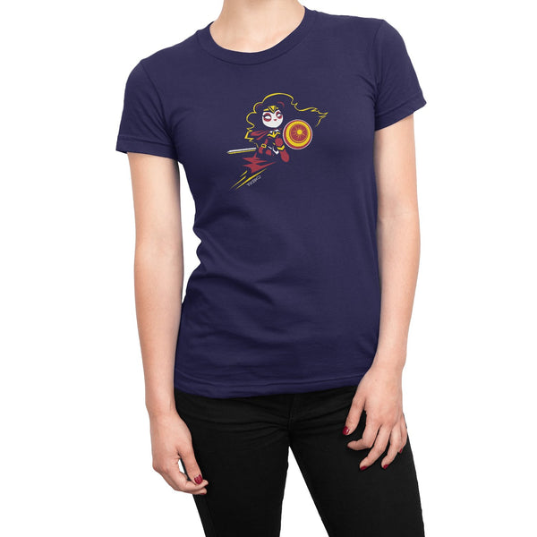 Wonderous Panda, a heroic raven-haired panda drawn by P.M.B.Q. Studios, kneels with her sword and shield ready for battle. This design is printed in white, red and yellow ink on a navy fitted women's t-shirt. The t-shirt is worn by a female model.