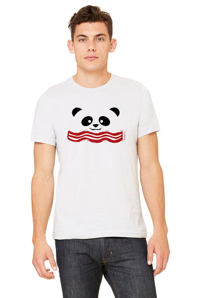 Male model wearing a Bacon Panda t-shirt designed by P.M.B.Q. Studios. Bacon Panda design is a simple smiling panda face printed in black ink, with a stylized piece of bacon underneath printed in red ink