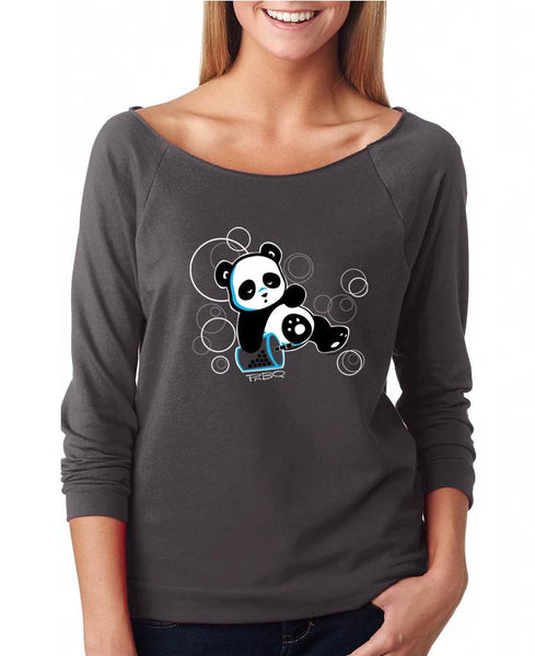 Sleepy Boba Panda, a character created and owned by P.M.B.Q. Studios, relaxes in a boba coma on a background of bubbles on this design. The design is printed in white ink on a grey raw edge 3/4 sleeve raglan women's french terry fleece t-shirt. The shirt is worn by a female model.