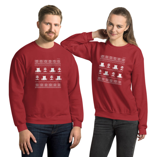 Winter Holiday Sweater design by P.M.B.Q. Studios. This design simulates a wintry knit pattern and features the Polo Cub character and his adorable panda friend. The design is white printed on a unisex red crewneck sweater. There is a male and female model, each wearing this sweater.