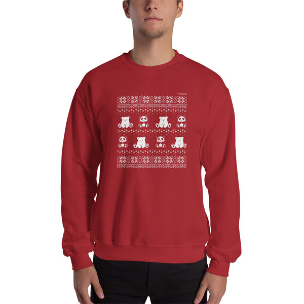 Winter Holiday Sweater design by P.M.B.Q. Studios. This design simulates a wintry knit pattern and features the Polo Cub character and his adorable panda friend. The design is white printed on a unisex red crewneck sweatshirt. The sweatshirt is worn by a male model.