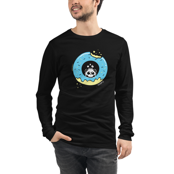 Pandabun, a character created and owned by P.M.B.Q. Studios, sitting in an a deliciously iced donut. He's looking up nervously at the bite in the donut on the upper right. This design is printed in white, light blue and lemon yellow on a black longsleeve 