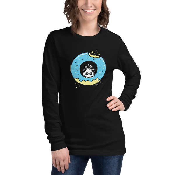 Pandabun, a character created and owned by P.M.B.Q. Studios, sitting in an a deliciously iced donut. He's looking up nervously at the bite in the donut on the upper right. This design is printed in white, light blue and lemon yellow on a black longsleeve 