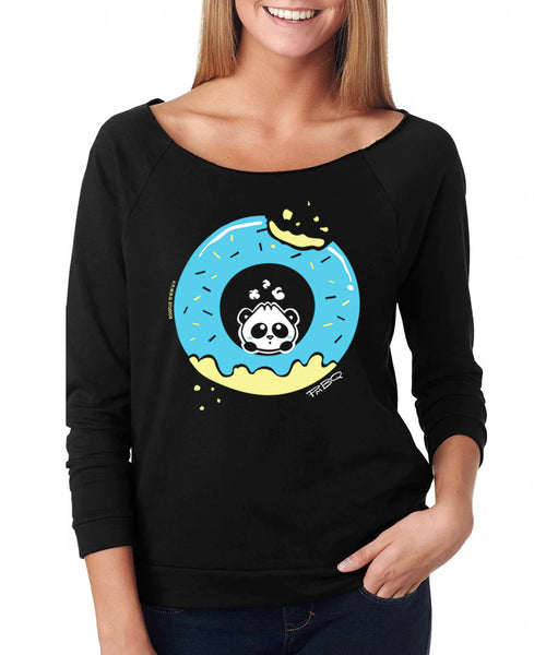 Pandabun, a character created and owned by P.M.B.Q. Studios, sitting in an a deliciously iced donut. He's looking up nervously at the bite in the donut on the upper right. This design is printed in white, light blue and lemon yellow on a women's black rag