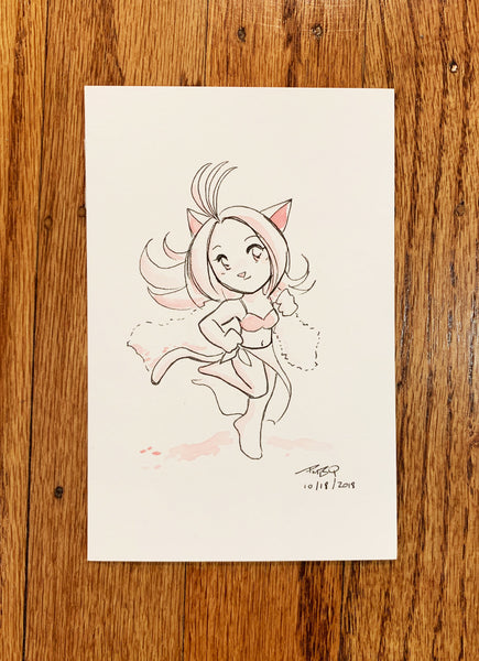 Chibi Haneko Summertime - Original Watercolor Painting 4"x6"