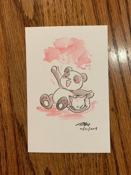 Panda + Kitten Stretch - Original Watercolor 4äó�x6äó�