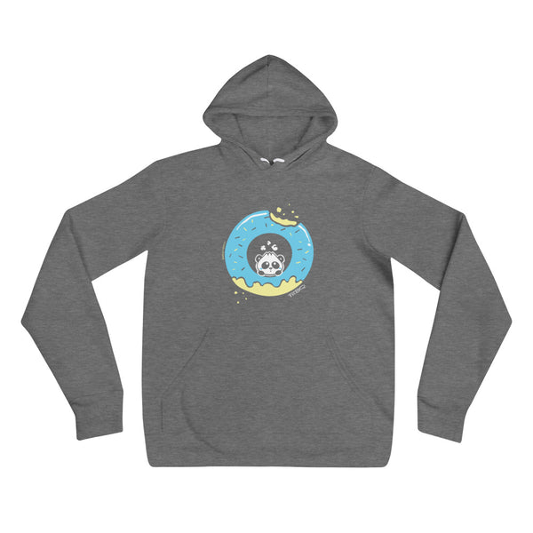 Pandabun, a character created and owned by P.M.B.Q. Studios, sitting in an a deliciously iced donut. He's looking up nervously at the bite in the donut on the upper right. This design is printed in white, light blue and lemon yellow on a deep heather unis