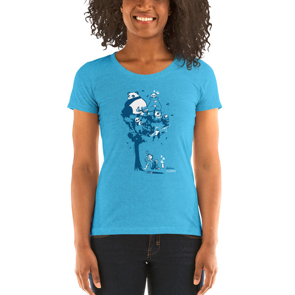 This design depics a group of characters designed and owned by P.M.B.Q. Studios, relaxing in a tree.  The design is printed in white and blue ink on a heather aqua women's t-shirt. The t-shirt is worn by a female model.