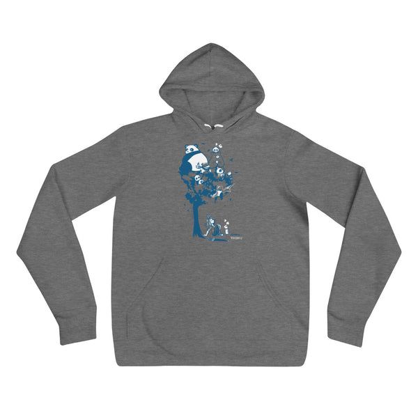 This design depics a group of characters designed and owned by P.M.B.Q. Studios, relaxing in a tree.  The design is printed in white and blue ink on a dark heather grey pullover hooded sweatshirt.