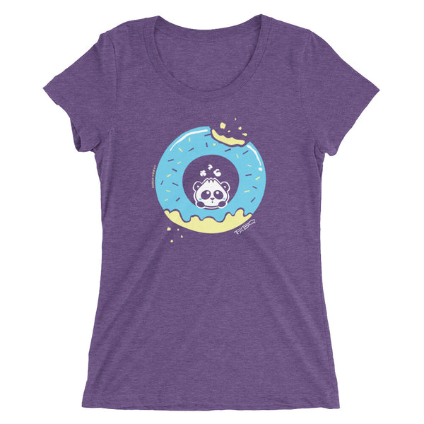 Pandabun, a character created and owned by P.M.B.Q. Studios, sitting in an a deliciously iced donut. He's looking up nervously at the bite in the donut on the upper right. This design is printed in white, light blue and lemon yellow on a purple triblend w