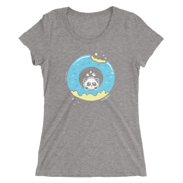 Pandabun, a character created and owned by P.M.B.Q. Studios, sitting in an a deliciously iced donut. He's looking up nervously at the bite in the donut on the upper right. This design is printed in white, light blue and lemon yellow on a grey triblend wom