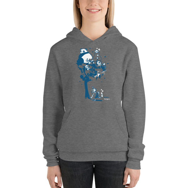 This design depics a group of characters designed and owned by P.M.B.Q. Studios, relaxing in a tree.  The design is printed in white and blue ink on a dark heather grey pullover hooded sweatshirt.  The sweatshirt is worn by a female model.