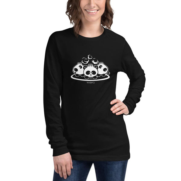 Pandabuns, characters created and owned by P.M.B.Q. Studios. These are three pandas that look like pork buns with steam puffing from the tops of their heads. This design is printed in white ink on a black longsleeve unisex t-shirt. The t-shirt is worn by 
