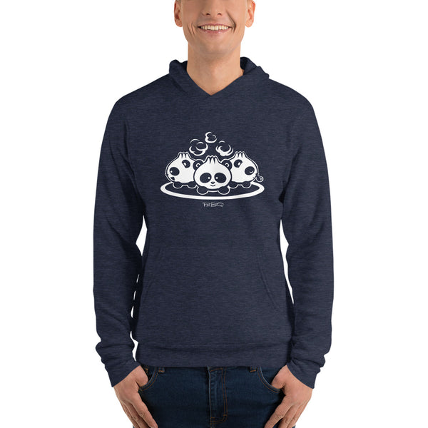 Pandabuns, characters created and owned by P.M.B.Q. Studios. These are three pandas that look like pork buns with steam puffing from the tops of their heads. This design is printed in white ink on a heather navy hooded pullover unisex sweatshirt. The swea