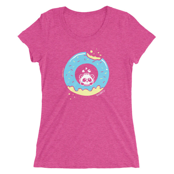 Pandabun, a character created and owned by P.M.B.Q. Studios, sitting in an a deliciously iced donut. He's looking up nervously at the bite in the donut on the upper right. This design is printed in white, light blue and lemon yellow on a berry triblend wo