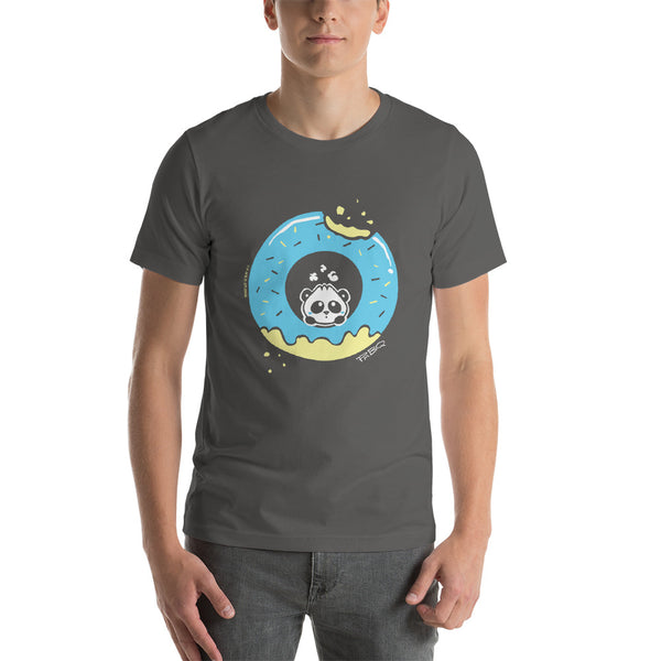 Pandabun, a character created and owned by P.M.B.Q. Studios, sitting in an a deliciously iced donut. He's looking up nervously at the bite in the donut on the upper right. This design is printed in white, light blue and lemon yellow on an asphalt unisex t