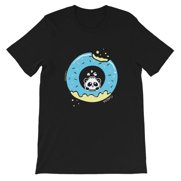 Pandabun, a character created and owned by P.M.B.Q. Studios, sitting in an a deliciously iced donut. He's looking up nervously at the bite in the donut on the upper right. This design is printed in white, light blue and lemon yellow on a black unisex t-sh
