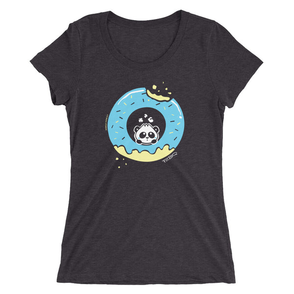 Pandabun, a character created and owned by P.M.B.Q. Studios, sitting in an a deliciously iced donut. He's looking up nervously at the bite in the donut on the upper right. This design is printed in white, light blue and lemon yellow on a solid dark grey w
