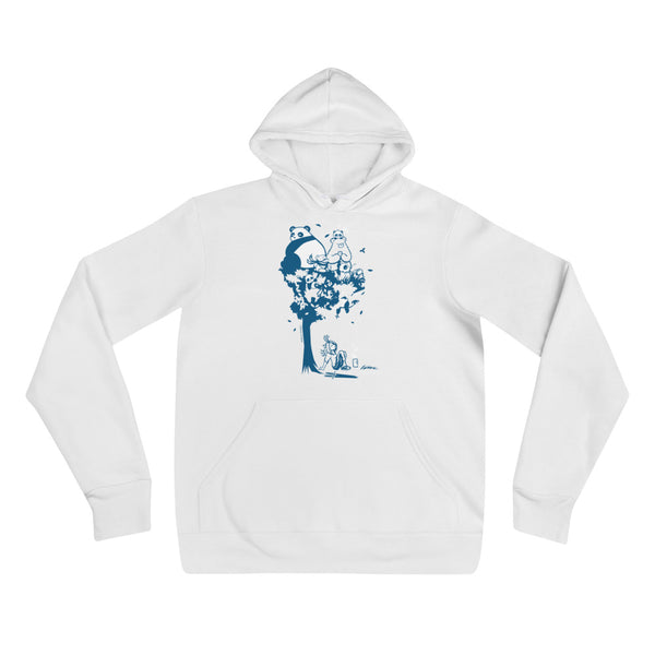 This design depics a group of characters designed and owned by P.M.B.Q. Studios, relaxing in a tree.  The design is printed in white and blue ink on a white pullover hooded sweatshirt.