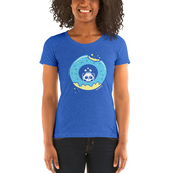 Pandabun, a character created and owned by P.M.B.Q. Studios, sitting in an a deliciously iced donut. He's looking up nervously at the bite in the donut on the upper right. This design is printed in white, light blue and lemon yellow on a true royal blue w