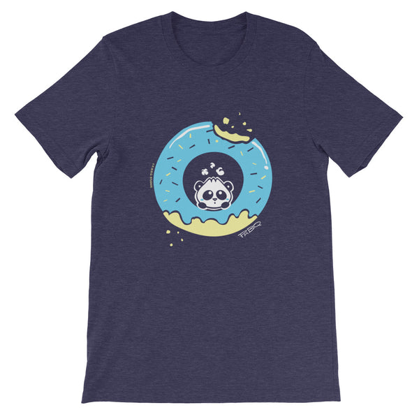 Pandabun, a character created and owned by P.M.B.Q. Studios, sitting in an a deliciously iced donut. He's looking up nervously at the bite in the donut on the upper right. This design is printed in white, light blue and lemon yellow on a heather midnight 