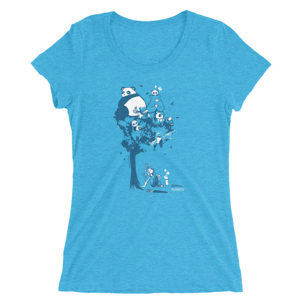 This design depics a group of characters designed and owned by P.M.B.Q. Studios, relaxing in a tree.  The design is printed in white and blue ink on a heather aqua women's t-shirt.