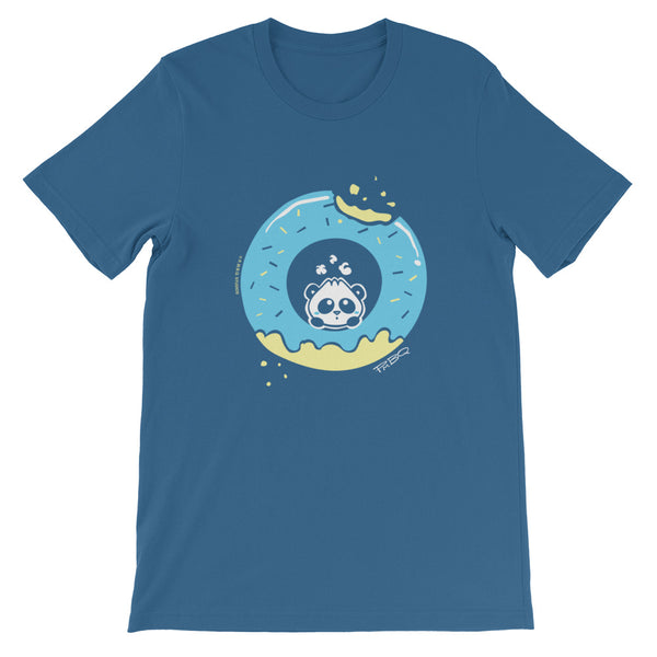 Pandabun, a character created and owned by P.M.B.Q. Studios, sitting in an a deliciously iced donut. He's looking up nervously at the bite in the donut on the upper right. This design is printed in white, light blue and lemon yellow on a steel blue unisex