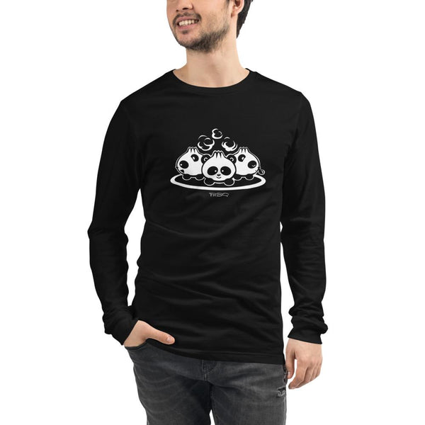 Pandabuns, characters created and owned by P.M.B.Q. Studios. These are three pandas that look like pork buns with steam puffing from the tops of their heads. This design is printed in white ink on a black longsleeve unisex t-shirt. The t-shirt is being wo