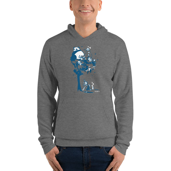 This design depics a group of characters designed and owned by P.M.B.Q. Studios, relaxing in a tree.  The design is printed in white and blue ink on a dark heather grey pullover hooded sweatshirt. The sweatshirt is worn by a male model.