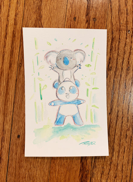 Koalas and Pandas Unite - Original Watercolor Painting 4"x6"