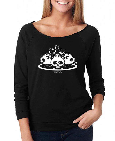 Pandabuns, characters created and owned by P.M.B.Q. Studios. These are three pandas that look like pork buns with steam puffing from the tops of their heads. This design is printed in white ink on a women's black raglan 3/4 sleeve shirt made of lightweigh
