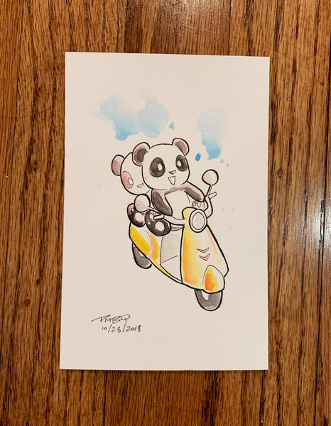 Panda Moped Joyride - Original Watercolor Painting 4"x6"