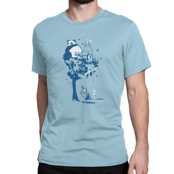 This design depics a group of characters designed and owned by P.M.B.Q. Studios, relaxing in a tree.  The design is printed in white and blue ink on an ocean blue unisex t-shirt. The t-shirt is worn by a male model.