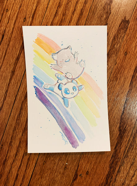 Rainbow Adventures with Wombat and Panda - Original Watercolor Painting 4äó�x6äó�