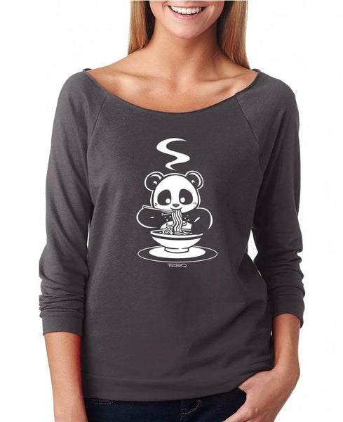 Ramen Panda, a character created and owned by P.M.B.Q. Studios, sits and thoroughly enjoys slurping his ramen on this design. The design is printed in white ink on a grey raw edge 3/4 sleeve raglan women's french terry fleece t-shirt. The shirt is worn by a female model.