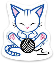 Stripe the Kitten, a character designed by P.M.B.Q. Studios. This image is of Stripe, who is a cute white kitten with indigo stripes on his head and tail. He has pink ears, a pink nose, and pink paw pads. He is snoozing in front of a ball of yarn, printed