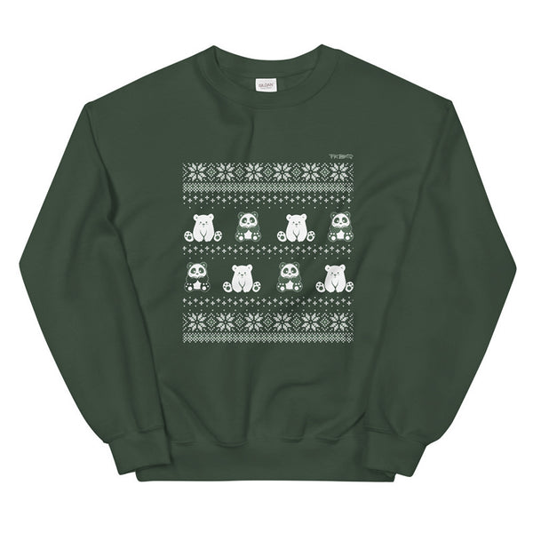Winter Holiday Sweater design by P.M.B.Q. Studios. This design simulates a wintry knit pattern and features the Polo Cub character and his adorable panda friend. The design is white printed on a unisex forest green crewneck sweatshirt.